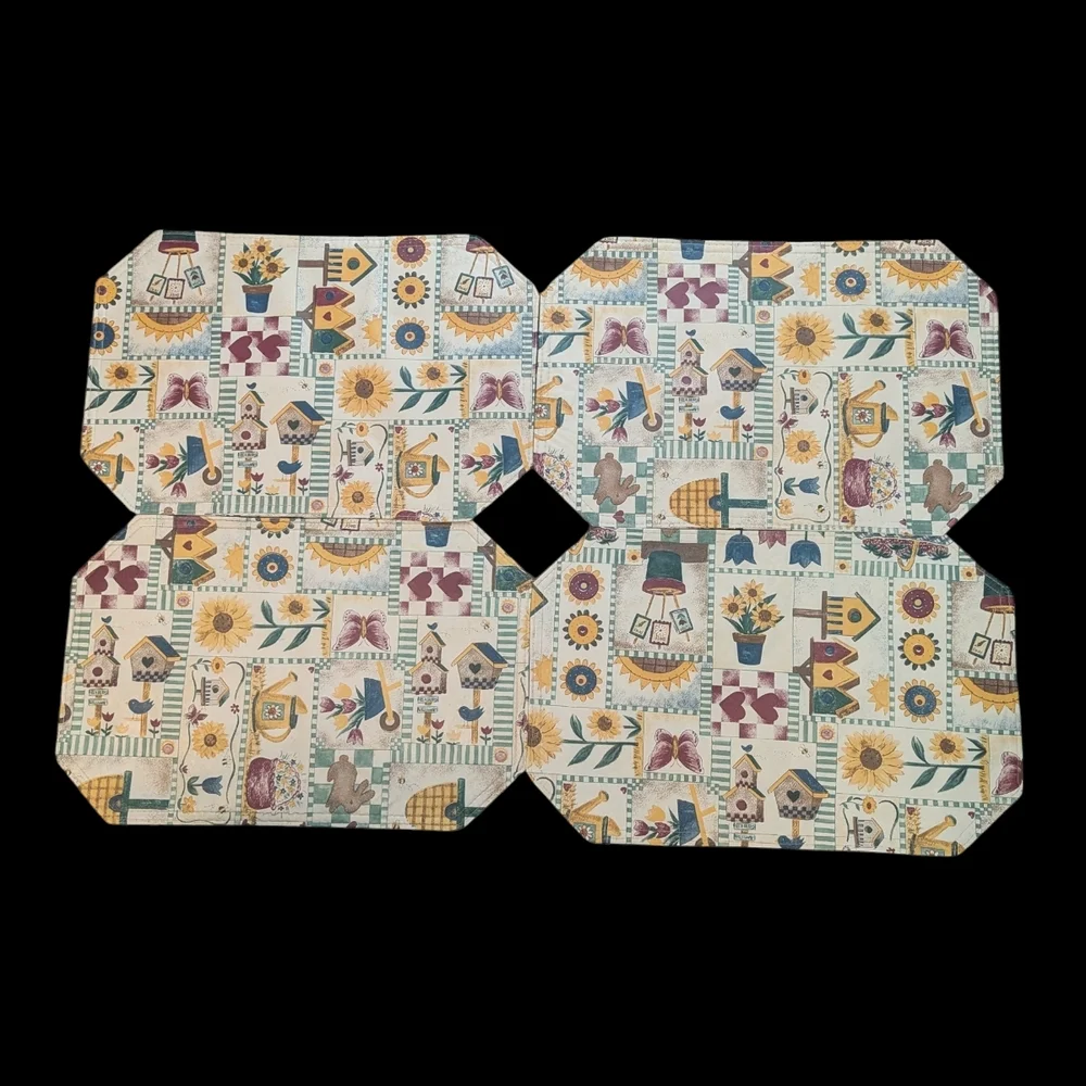 Vintage 70s 80s MCM 4 Vinyl Patchwork Country Garden Irregular Octagon Placemats